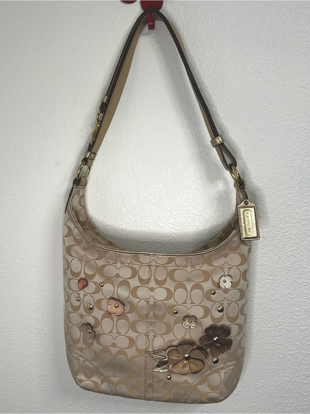 Vintage Y2K Coach Signature Canvas Beige Flower Appliqué Shoulder Bag